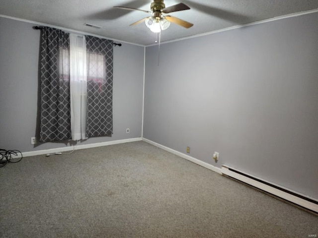 carpeted spare room featuring ornamental molding, a baseboard radiator, baseboards, and a ceiling fan