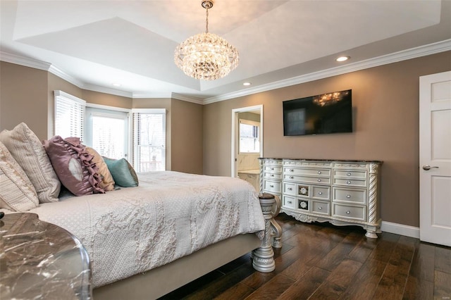 bedroom with dark wood-style floors, multiple windows, a tray ceiling, and ornamental molding