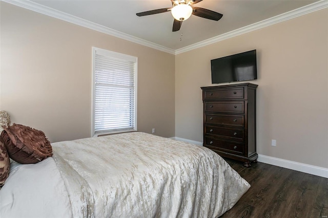 bedroom with ornamental molding, dark wood-style flooring, ceiling fan, and baseboards