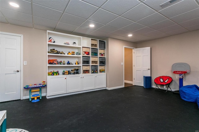 rec room with recessed lighting, visible vents, a paneled ceiling, and baseboards