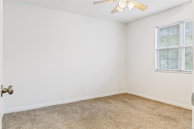 empty room with carpet, baseboards, ceiling fan, and a textured ceiling