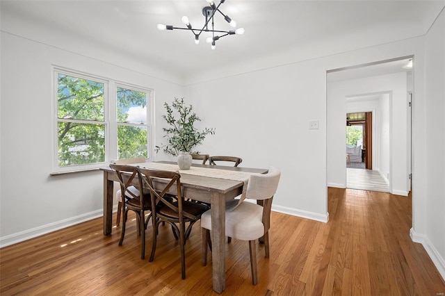 dining room with baseboards, wood finished floors, and a notable chandelier