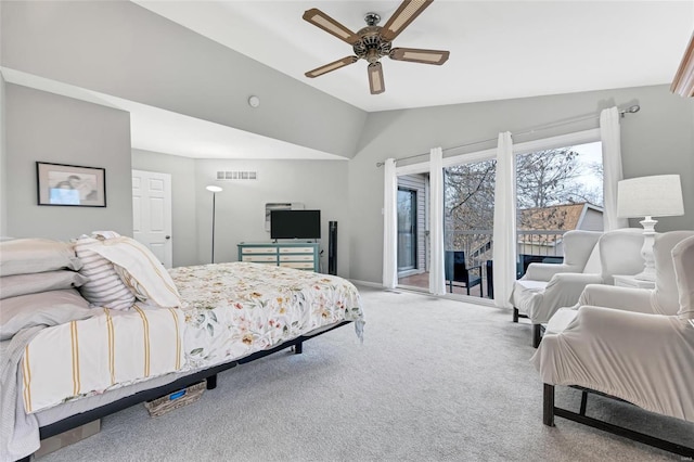 bedroom featuring lofted ceiling, visible vents, a ceiling fan, access to outside, and carpet