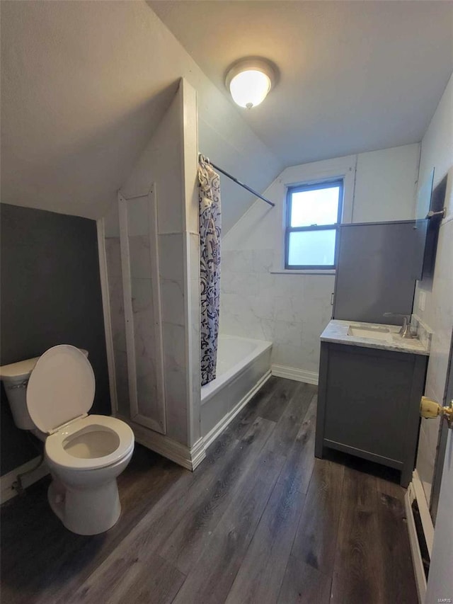 full bathroom with toilet, shower / bath combination with curtain, vaulted ceiling, and wood finished floors