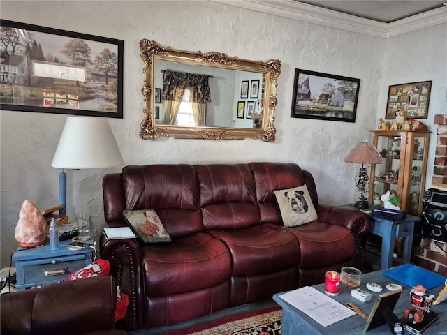 living area with a textured wall and ornamental molding