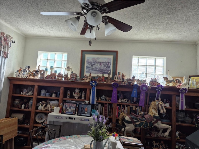 interior space featuring ceiling fan, a textured ceiling, ornamental molding, and a wealth of natural light