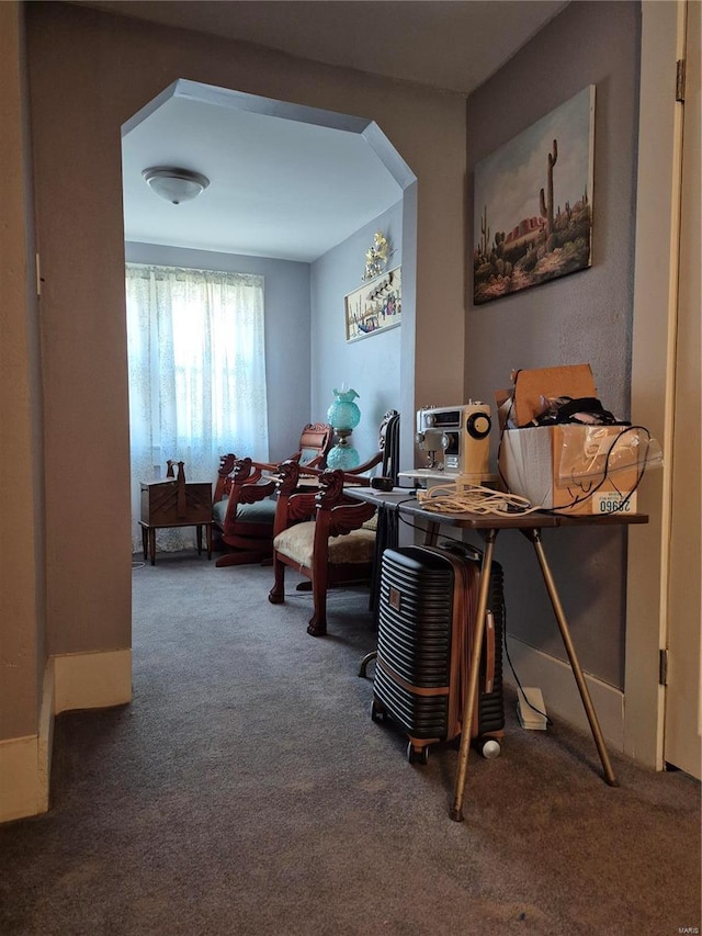 office area featuring carpet and arched walkways