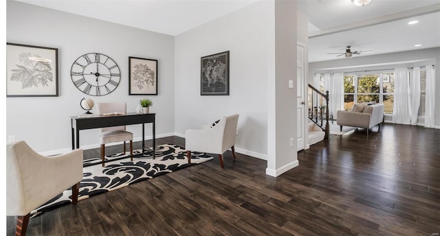 office area featuring a ceiling fan, recessed lighting, baseboards, and wood finished floors