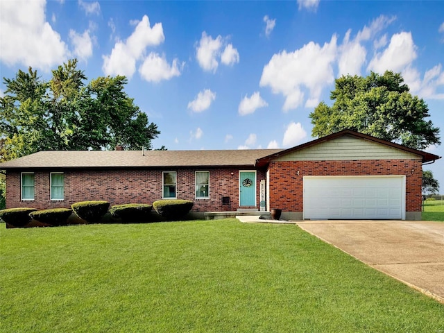 ranch-style home featuring driveway, a garage, a front lawn, and brick siding