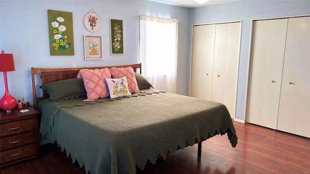 bedroom featuring two closets and wood finished floors