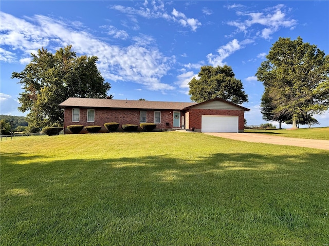 single story home featuring a garage, brick siding, driveway, and a front lawn