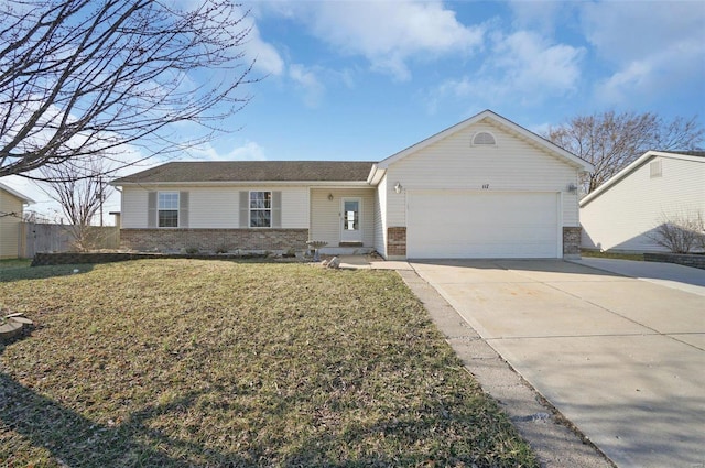 ranch-style home featuring brick siding, an attached garage, a front lawn, fence, and driveway