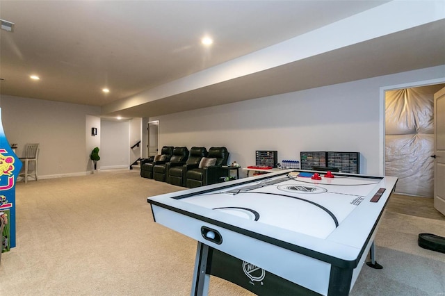 game room featuring carpet, baseboards, and recessed lighting