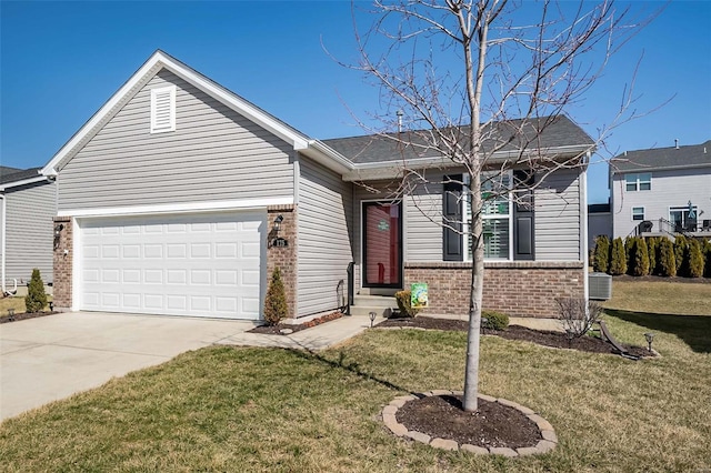 ranch-style home with an attached garage, a front yard, concrete driveway, and brick siding