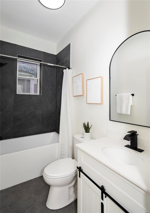 bathroom with vanity, shower / bath combination with curtain, and toilet