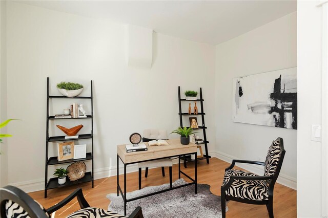 office area with baseboards and wood finished floors