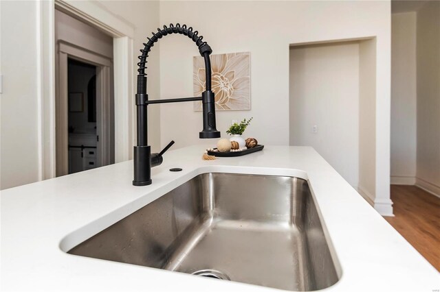 room details with a sink, wood finished floors, and light countertops