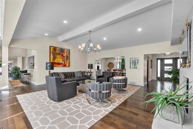 living area featuring lofted ceiling with beams, a notable chandelier, visible vents, baseboards, and wood-type flooring