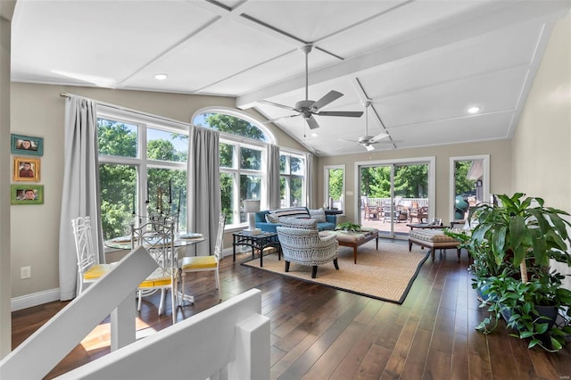 interior space with lofted ceiling with beams, baseboards, dark wood finished floors, and recessed lighting