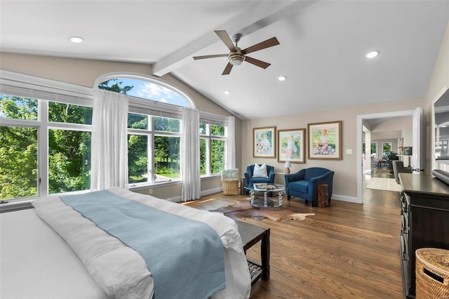 bedroom featuring vaulted ceiling with beams, recessed lighting, a ceiling fan, wood finished floors, and baseboards