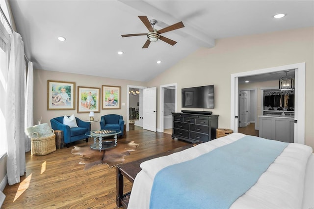 bedroom with ceiling fan, recessed lighting, vaulted ceiling with beams, and wood finished floors