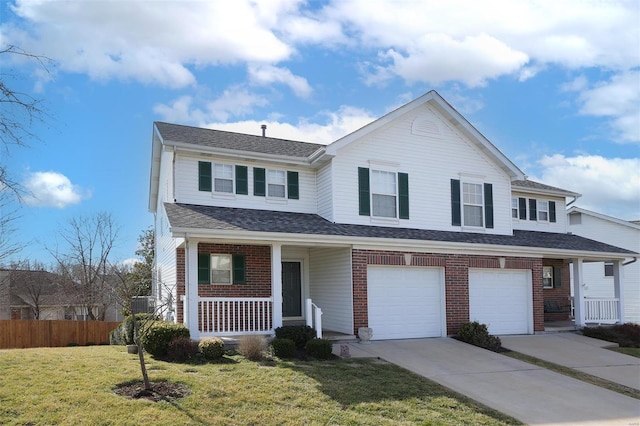 traditional home with fence, driveway, covered porch, a front lawn, and a garage