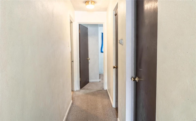 hallway with light carpet, baseboards, and a textured wall