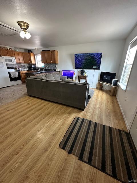 living room featuring light wood finished floors and baseboards