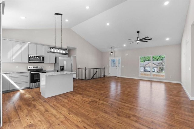 kitchen featuring open floor plan, appliances with stainless steel finishes, wood finished floors, and a center island