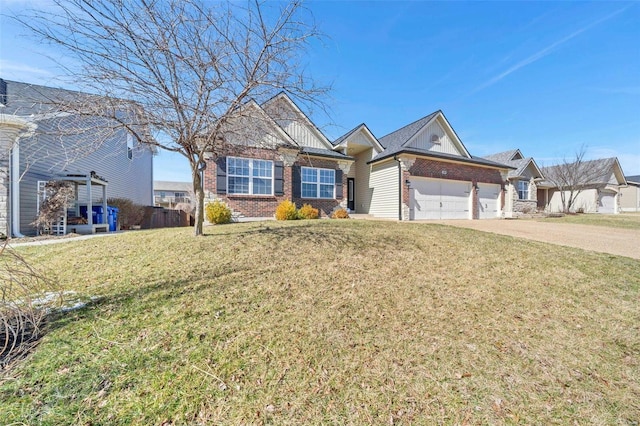 view of front of house featuring brick siding, concrete driveway, a front yard, and a garage