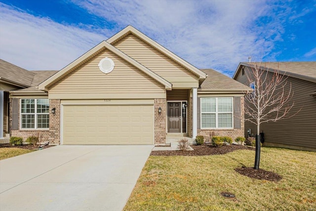 view of front of house with an attached garage, brick siding, driveway, roof with shingles, and a front lawn