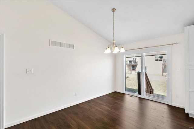 unfurnished dining area featuring a chandelier, visible vents, baseboards, vaulted ceiling, and dark wood finished floors