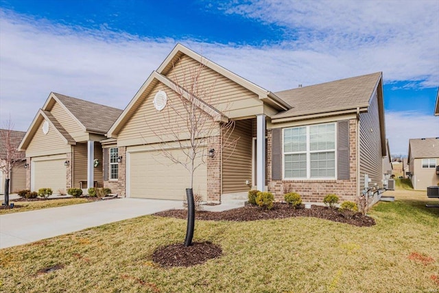 single story home featuring central AC unit, concrete driveway, an attached garage, a front lawn, and brick siding