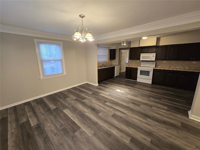 kitchen featuring ornamental molding, white appliances, light countertops, and dark wood-style flooring