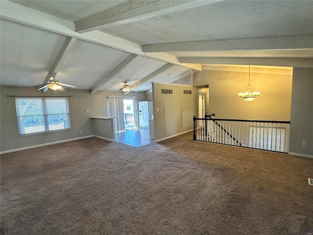 unfurnished room with carpet floors, visible vents, lofted ceiling with beams, a textured ceiling, and ceiling fan with notable chandelier