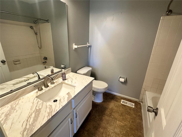 bathroom featuring bathtub / shower combination, toilet, vanity, visible vents, and baseboards