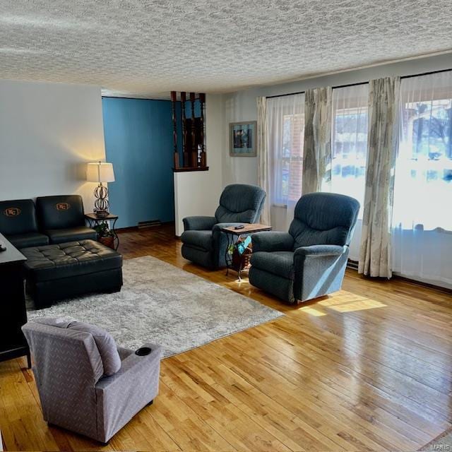 living room with a textured ceiling and hardwood / wood-style floors