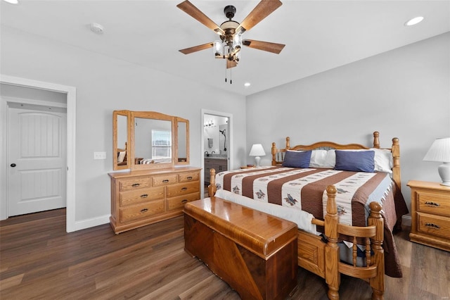 bedroom featuring recessed lighting, baseboards, dark wood finished floors, and ceiling fan