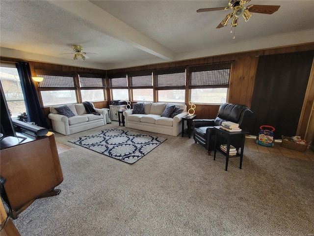 living room with a textured ceiling, ceiling fan, and plenty of natural light