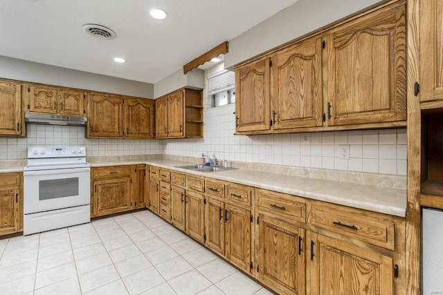 kitchen featuring white range with electric stovetop, open shelves, visible vents, a sink, and under cabinet range hood