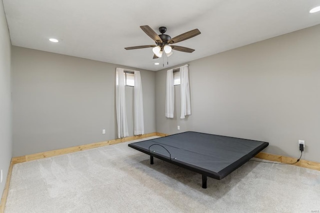 bedroom featuring carpet, baseboards, ceiling fan, and recessed lighting