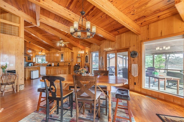 dining space featuring wooden ceiling, visible vents, wooden walls, and hardwood / wood-style flooring