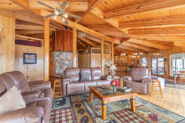 living room featuring wood ceiling, wood walls, wood-type flooring, and lofted ceiling with beams