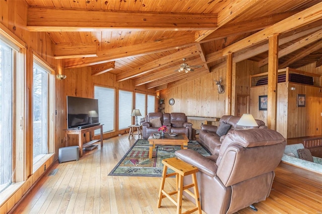 living area featuring lofted ceiling with beams, light wood-type flooring, wooden ceiling, and wooden walls