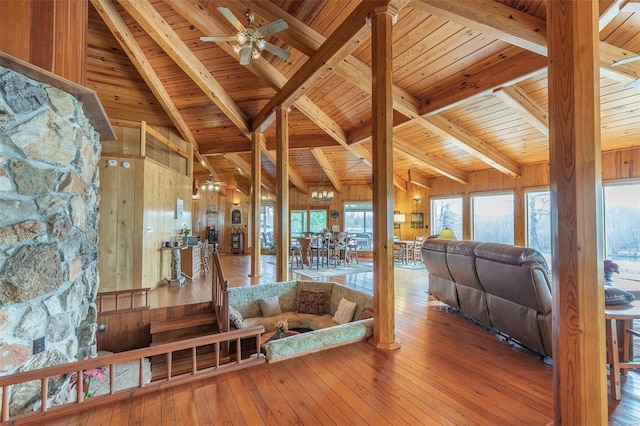 living room with hardwood / wood-style floors, wood ceiling, and wooden walls