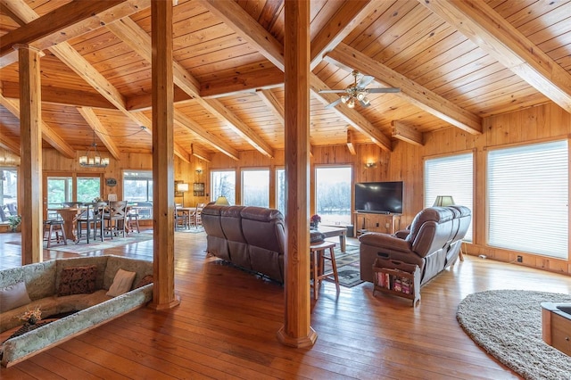 living area featuring wood ceiling, wood-type flooring, plenty of natural light, and wooden walls