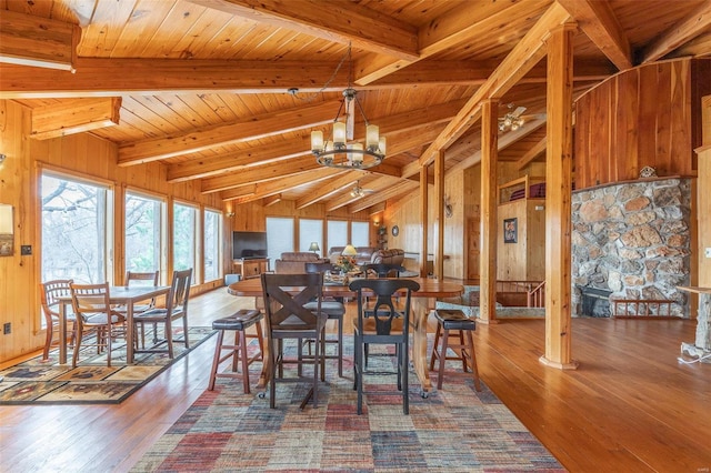 unfurnished dining area with vaulted ceiling with beams, wood walls, wooden ceiling, hardwood / wood-style floors, and ceiling fan with notable chandelier