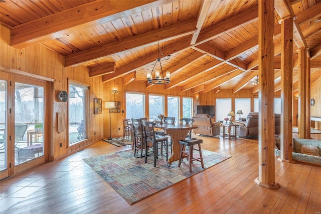 dining room featuring wooden ceiling, wood walls, beam ceiling, light wood finished floors, and an inviting chandelier