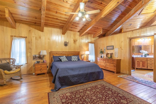 bedroom with beamed ceiling, wood ceiling, and light wood-style floors