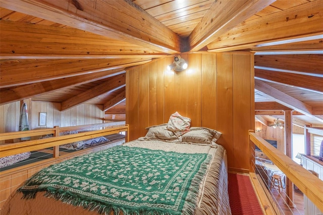 carpeted bedroom featuring wooden ceiling, wooden walls, and beamed ceiling